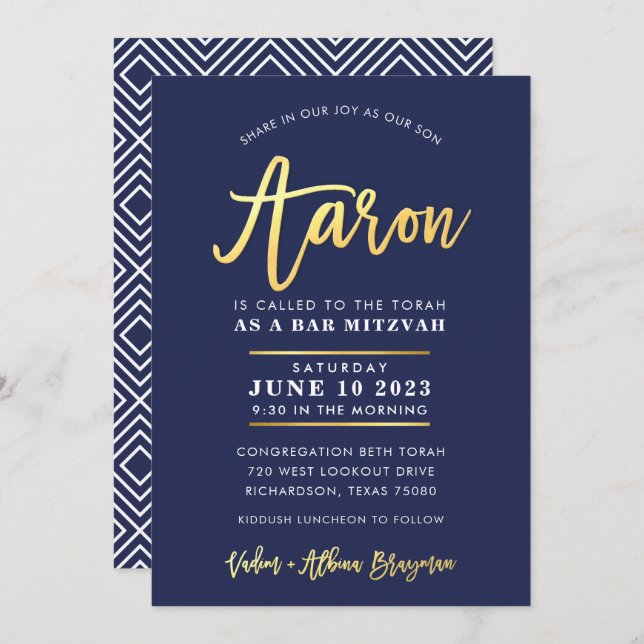 CUSTOM Bar Mitzvah modern navy + gold name AARON Invitation (Front/Back)