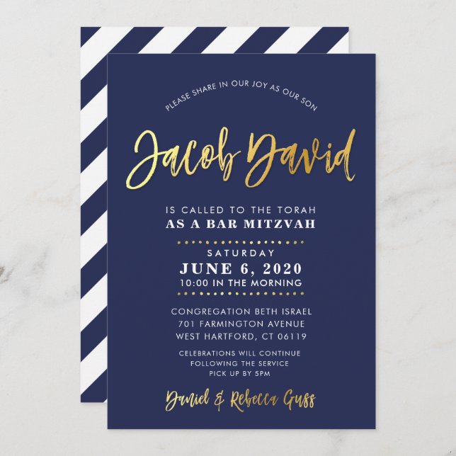 CUSTOM Bar Mitzvah modern navy + gold name JACOB Invitation (Front/Back)