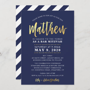 CUSTOM Bar Mitzvah modern navy + gold name MATTHEW Invitation