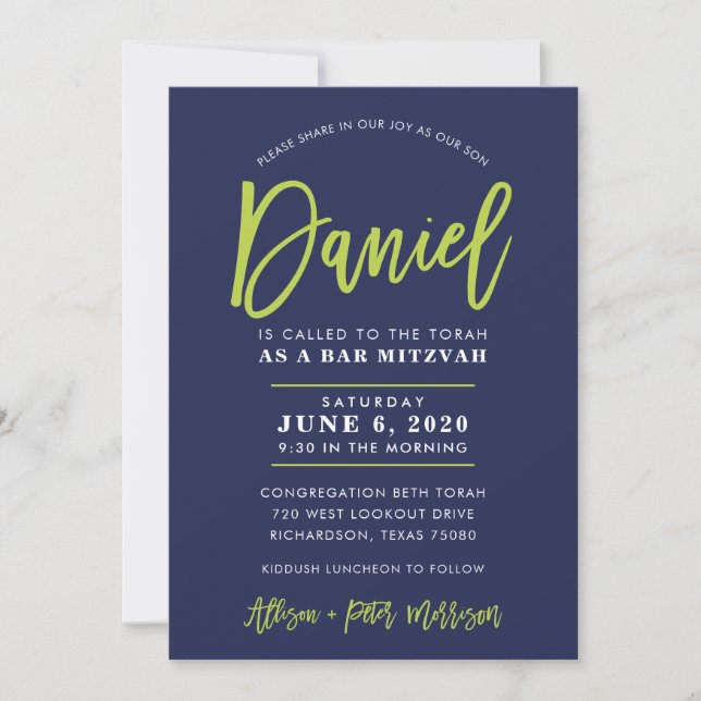 CUSTOM Bar Mitzvah modern navy + lime DANIEL Invitation (Front)