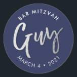CUSTOM Bar Mitzvah modern navy silver name GUY Classic Round Sticker<br><div class="desc">by kat massard >>> WWW.SIMPLYSWEETPAPERIE.COM <<< *** NOTE - THE SHINY GOLD FOIL EFFECT IS A PRINTED PICTURE *** - - - - - - - - - - - - - - - - - - - - - - - - - - - - - - - -...</div>