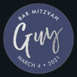 CUSTOM Bar Mitzvah modern navy silver name GUY Classic Round Sticker<br><div class="desc">by kat massard >>> WWW.SIMPLYSWEETPAPERIE.COM <<< *** NOTE - THE SHINY GOLD FOIL EFFECT IS A PRINTED PICTURE *** - - - - - - - - - - - - - - - - - - - - - - - - - - - - - - - -...</div>