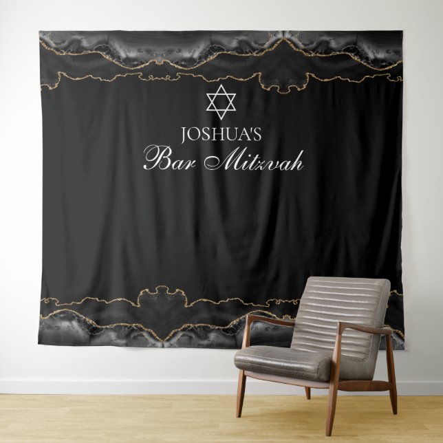 Custom Bar Mitzvah Party Black Gold Photo Booth Tapestry (In Situ (Horizontal))
