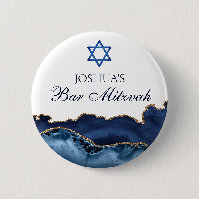 Custom Bar Mitzvah Party Navy Blue Gold Agate Button (Front)