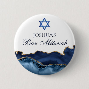 Custom Bar Mitzvah Party Navy Blue Gold Agate Button