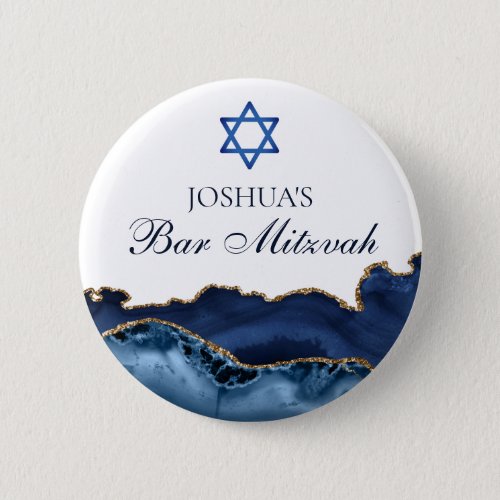 Custom Bar Mitzvah Party Navy Blue Gold Agate Button