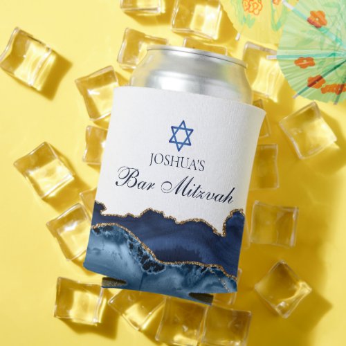 Custom Bar Mitzvah Party Navy Blue Gold Agate  Can Cooler