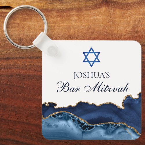 Custom Bar Mitzvah Party Navy Blue Gold Agate Keychain