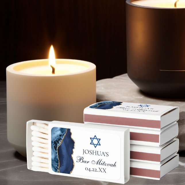Custom Bar Mitzvah Party Navy Blue Gold Agate Matchboxes (Creator Uploaded)