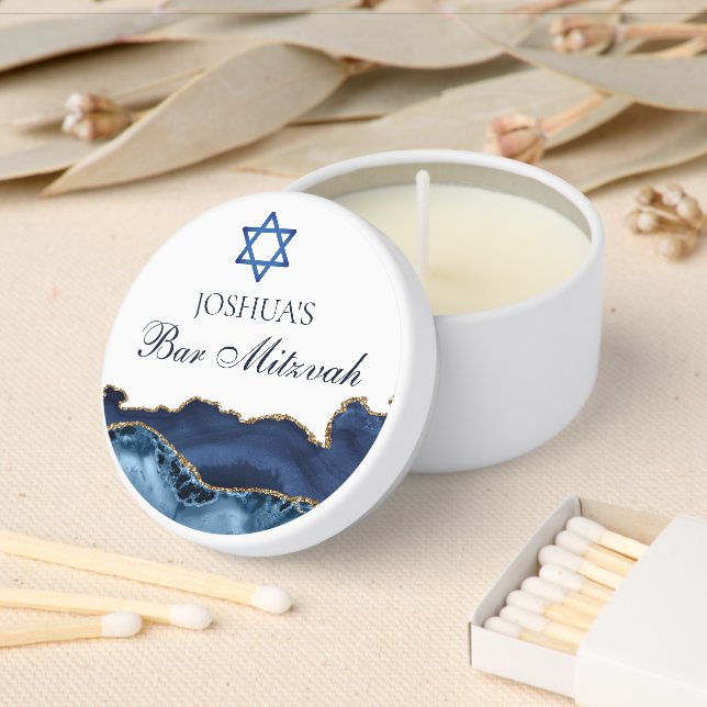 Custom Bar Mitzvah Party Navy Blue Gold Agate Mini Candle Favors (Insitu)