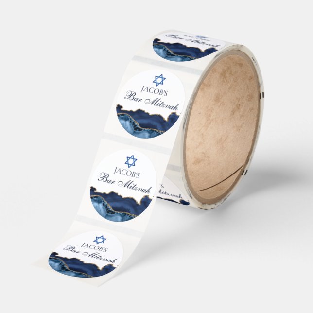 Custom Bar Mitzvah Party Navy Blue Gold Classic Round Sticker (Roll)
