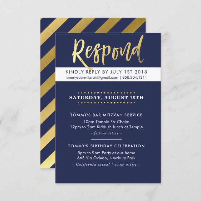 CUSTOM Bar Mitzvah party Tommy navy + gold Invitation (Front/Back)