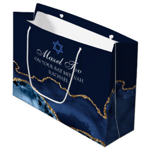 Custom Bar or Bat Mitzvah Mazel Tov Navy Blue Gold Large Gift Bag