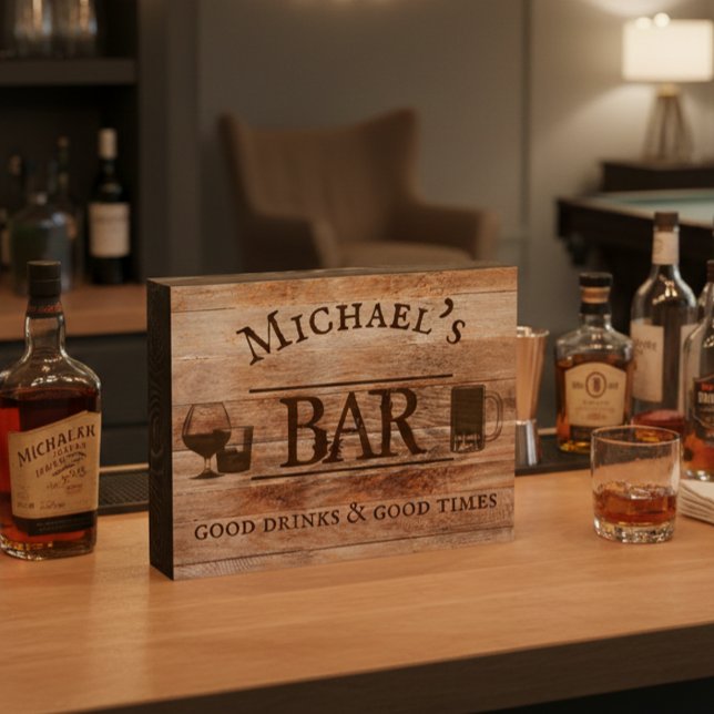 Custom Bar Personalized Gift Rustic Good Drinks Wooden Box Sign (Creator Uploaded)