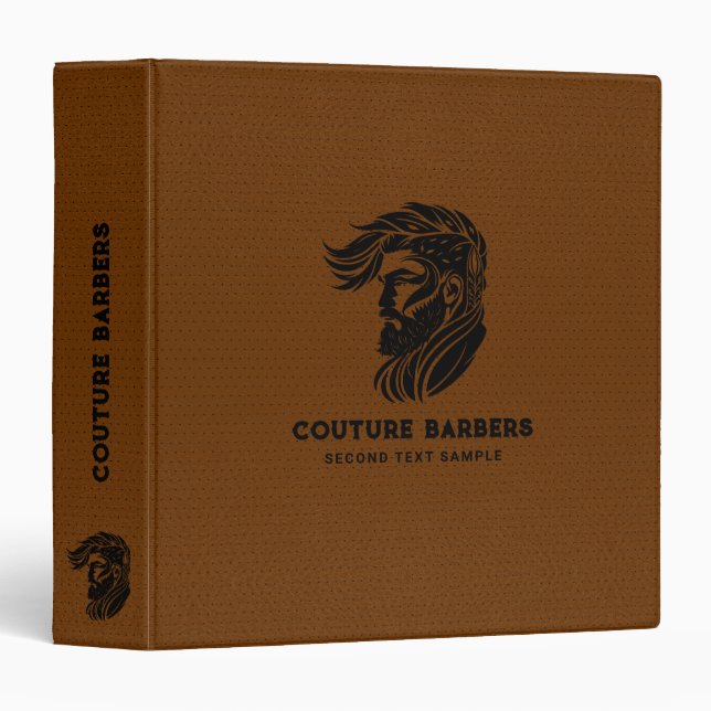 Custom Barber Logo Brown Leather Texture 3 Ring Binder (Front/Spine)