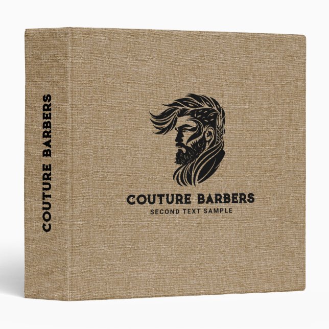 Custom Barber Logo Brown Linen Texture 3 Ring Binder (Front/Spine)