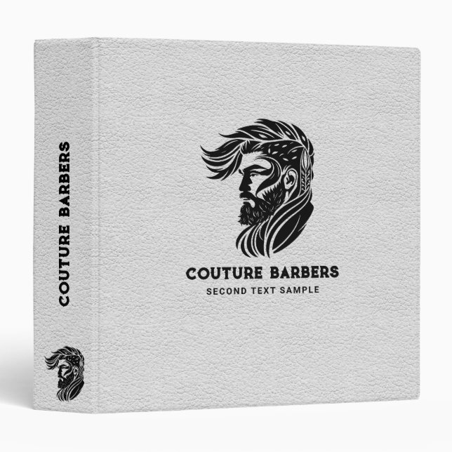 Custom Barber Logo White Leather Texture 3 Ring Binder (Front/Spine)