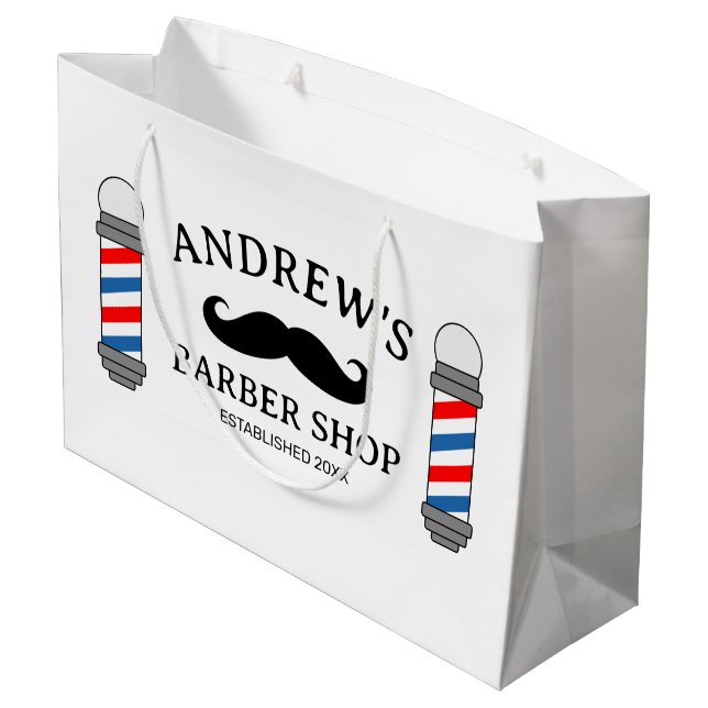Custom barber shop gift bag with mustache logo (Back Angled)