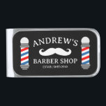 Custom barber shop money clip with mustache logo<br><div class="desc">Custom barber shop money clip with mustache logo. Traditional red and blue stripe barber pole drawing for men's hair salon. Stylish gift for hair salon owner. Make your own trendy barbershop presents for boss, coworker, employees etc. Unique hair stylist gift ideas. Black or custom background color. Personalized with your own...</div>