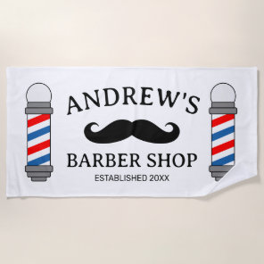 Custom barber shop pole and mustache logo beach towel