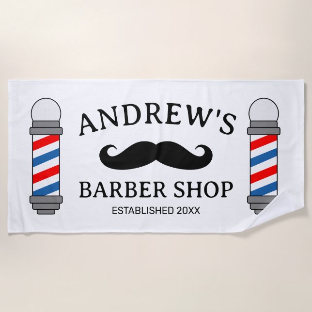 Custom barber shop pole and mustache logo beach towel (Front)