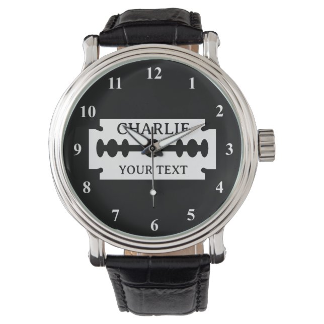Custom barber shop watch with razor blade logo (Front)