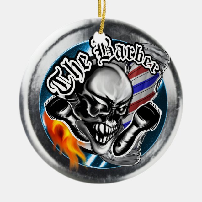 Custom Barber Skull with Flaming Razor Ceramic Ornament (Front)