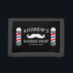 Custom barbershop money wallet with mustache logo<br><div class="desc">Custom barbershop money wallet with mustache logo. Traditional red and blue stripe barber pole drawing for men's hair salon. Stylish gift for hair salon owner. Make your own trendy barber shop presents for boss, coworker, employees etc. Unique hair stylist gift ideas. Black or custom background color. Personalized with your own...</div>