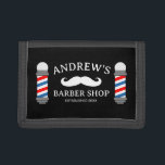 Custom barbershop money wallet with mustache logo<br><div class="desc">Custom barbershop money wallet with mustache logo. Traditional red and blue stripe barber pole drawing for men's hair salon. Stylish gift for hair salon owner. Make your own trendy barber shop presents for boss, coworker, employees etc. Unique hair stylist gift ideas. Black or custom background color. Personalized with your own...</div>