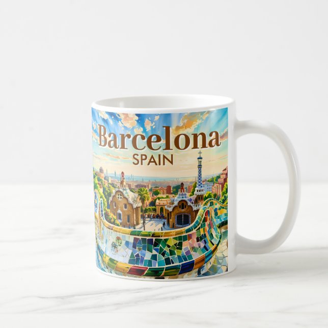 Custom Barcelona Spain Watercolor Park Guell Retro Coffee Mug (Right)