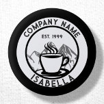 Custom Barista Staff Name Button<br><div class="desc">Stylish customizable black and white coffee shop staff name badge button,  featuring a ready made trendy round logo with mountains and a steaming cup of coffee,  surrounded by a stylish font that you can customize with your companies name,  employees name and business established date.</div>