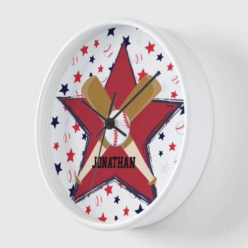 Custom Baseball Bats Balls and Stars on White Wall Clock