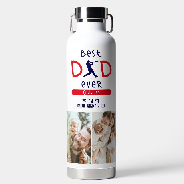 Custom Baseball Best Dad Ever Photo Fathers Day Water Bottle (Front)
