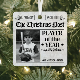 Custom Baseball Christmas Newspaper Photo Metal Ornament