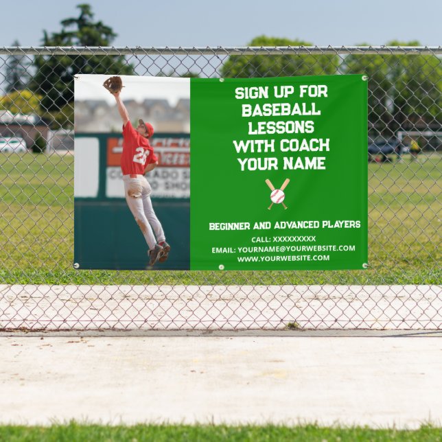 Custom Baseball Coach Coaching Class Lessons Green Banner (Insitu)