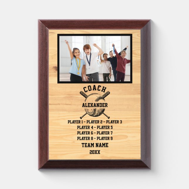 Custom Baseball Coach & team Photo, Player's Name Award Plaque (Vertical)