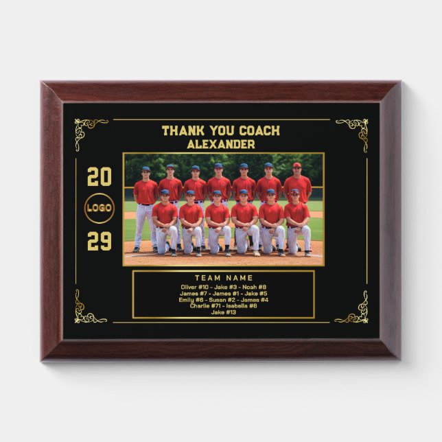 Custom Baseball Coach with Team Photo & Names Award Plaque (Horizontal)