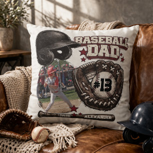 Custom Baseball Dad Photo Name Throw Pillow