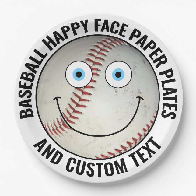 Custom Baseball Party BLUE EYES Happy Face Paper Plates (Front)
