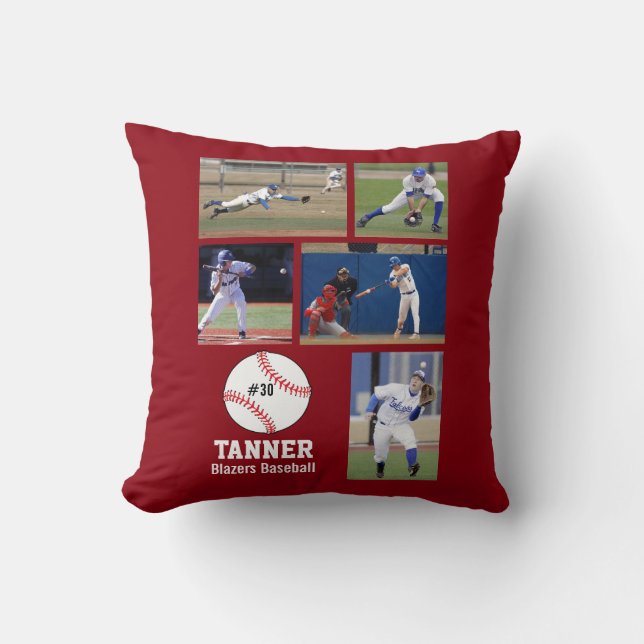 Custom Baseball Photo Collage Name Team Number Throw Pillow (Front)