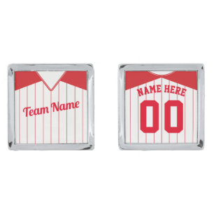 Custom Baseball Softball Red Pinstripes Jersey Silver Cufflinks