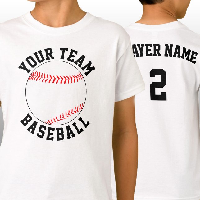 Custom Baseball Team Name, Player & Jersey Number T-Shirt (Custom baseball team shirts with personalized team name, player name and player jersey number.)