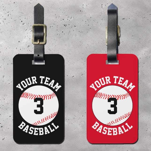 Custom Baseball Team Name, Player Number and Color Luggage Tag (Custom baseball bag tags with personalized team name and player jersey numbers.)