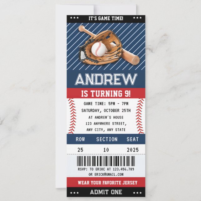 Custom Baseball Ticket Birthday with photo for boy Invitation (Front)