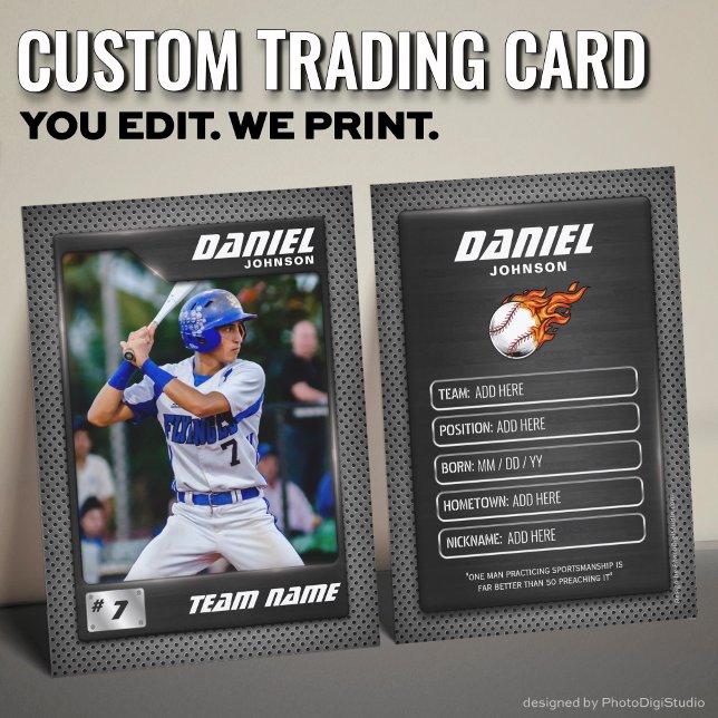 Custom Baseball Trading Card, Black Graphite Sport Calling Card (Custom Baseball Trading Card, Graphite Player Card)