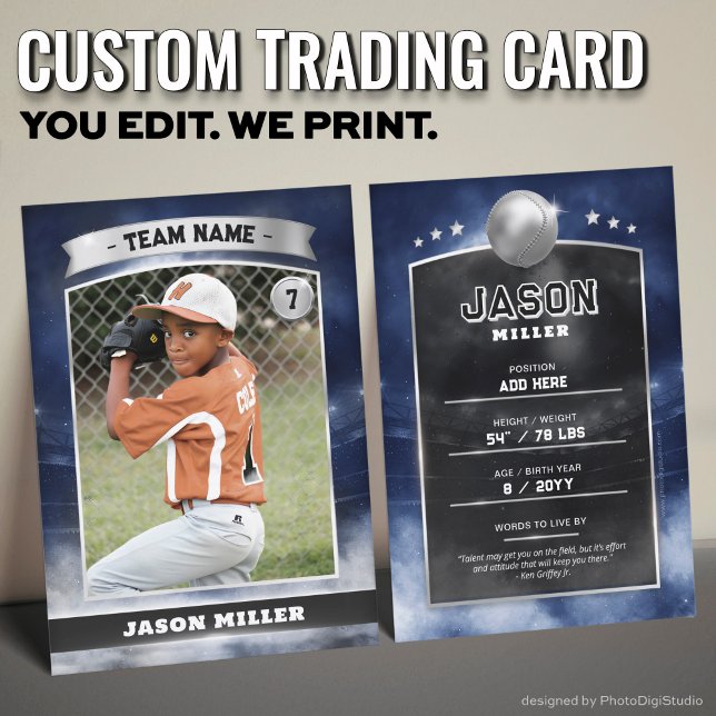 Custom Baseball Trading Card, Blue Silver Stadium Calling Card (Custom Trading Card, Editable Baseball Trading Card, Modern Blue Silver Stadium Design)