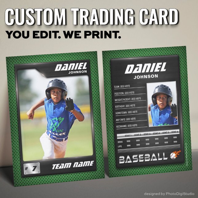 Custom Baseball Trading Card, Green Gray PRO Stats Calling Card (Custom Baseball Trading Card, Green Gray PRO Stats Player Card)