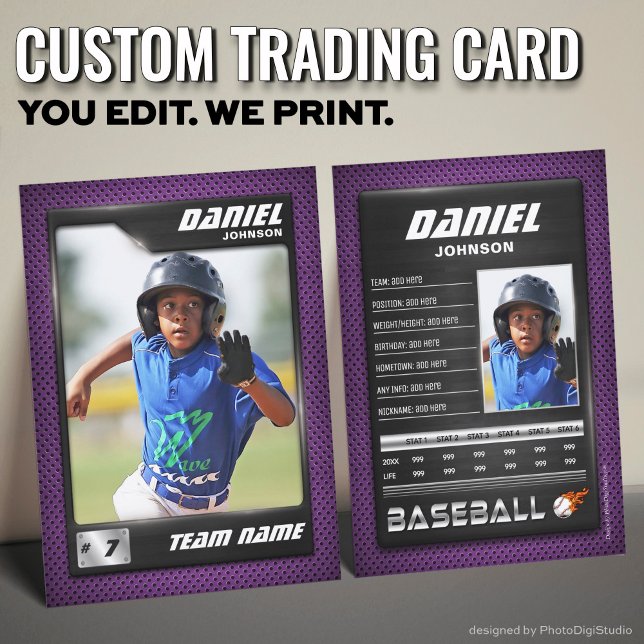 Custom Baseball Trading Card, Purple PRO Stats Calling Card (Custom Baseball Trading Card, Purple PRO Stats Player Card)