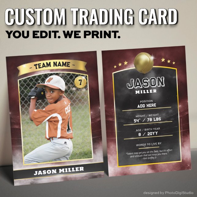 Custom Baseball Trading Card, Red Gold Stadium Calling Card (Custom Trading Card, Editable Baseball Trading Card, Modern Red Gold Stadium Design)