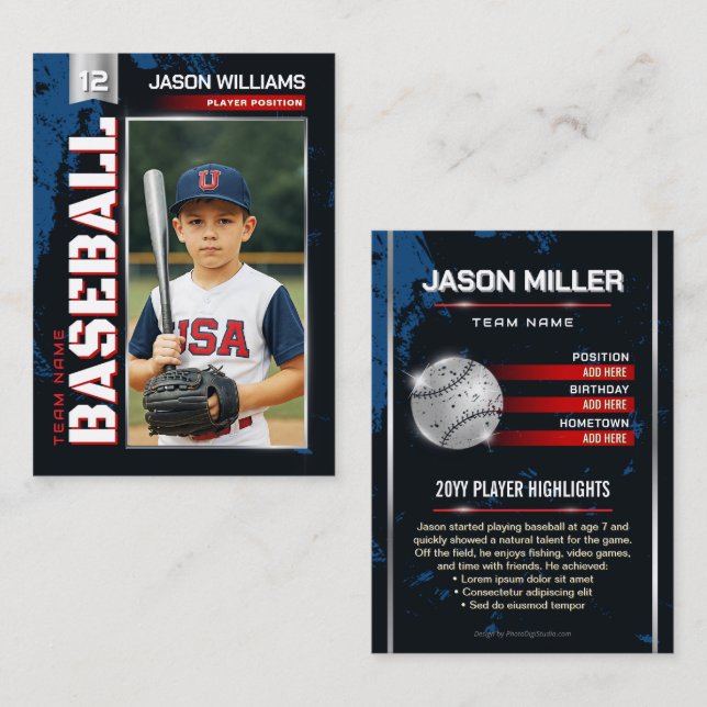 Custom Baseball Trading Card, Red Player Card (Front/Back)